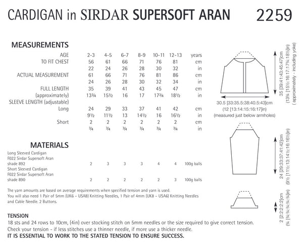 Sirdar Supersoft Aran Yoked Cardigan Knitting Pattern 2259